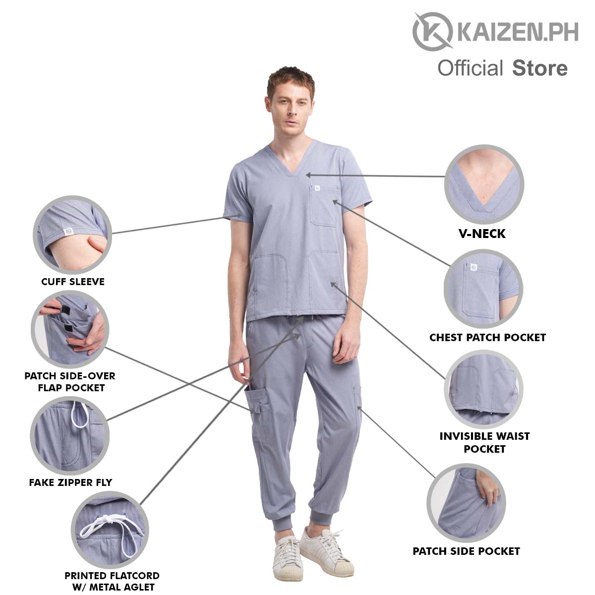 Scrub Suit 2nd Gen KSS2G-11 DENIM INSPIRED Invisible Pockets, Accentuated Double-stitch Top, 7-pocket Cargo Jogger Pants Series